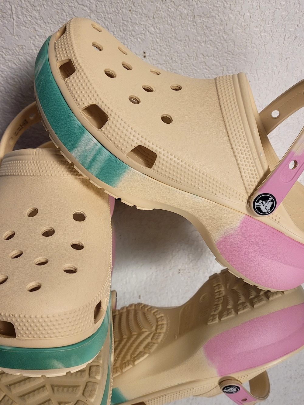 CROCS Women's Cream Clog with Pink & Teal Accents
